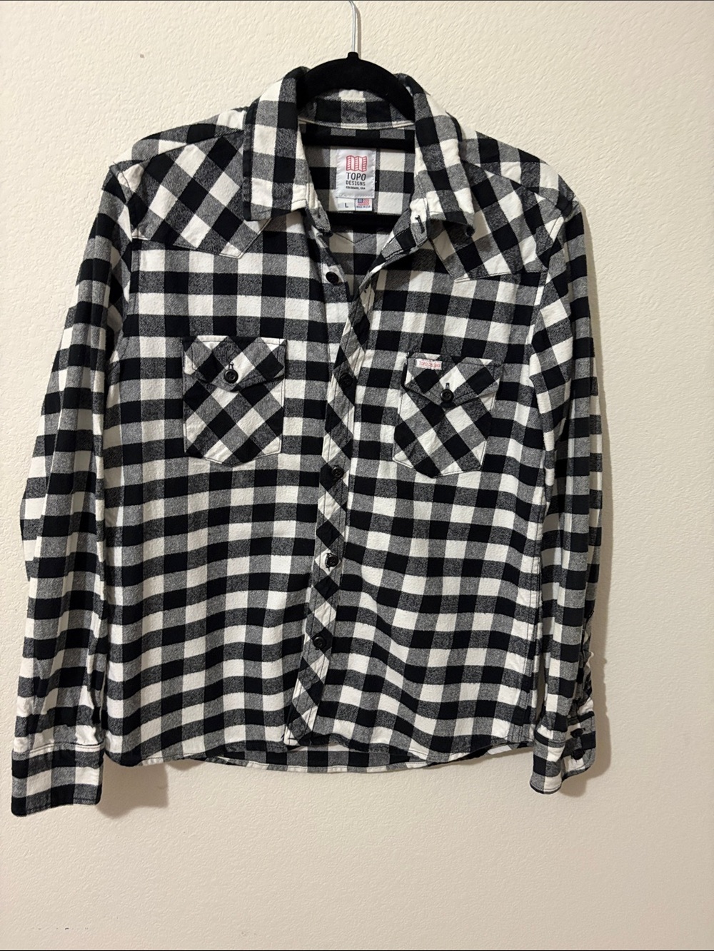 TOPO DESIGN Colorado made in USA SZ large flannel button-down black&white shirt